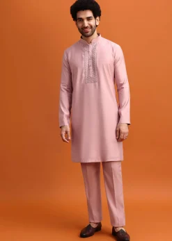 Pink Embroidered Silk Jodhpuri Set For Men