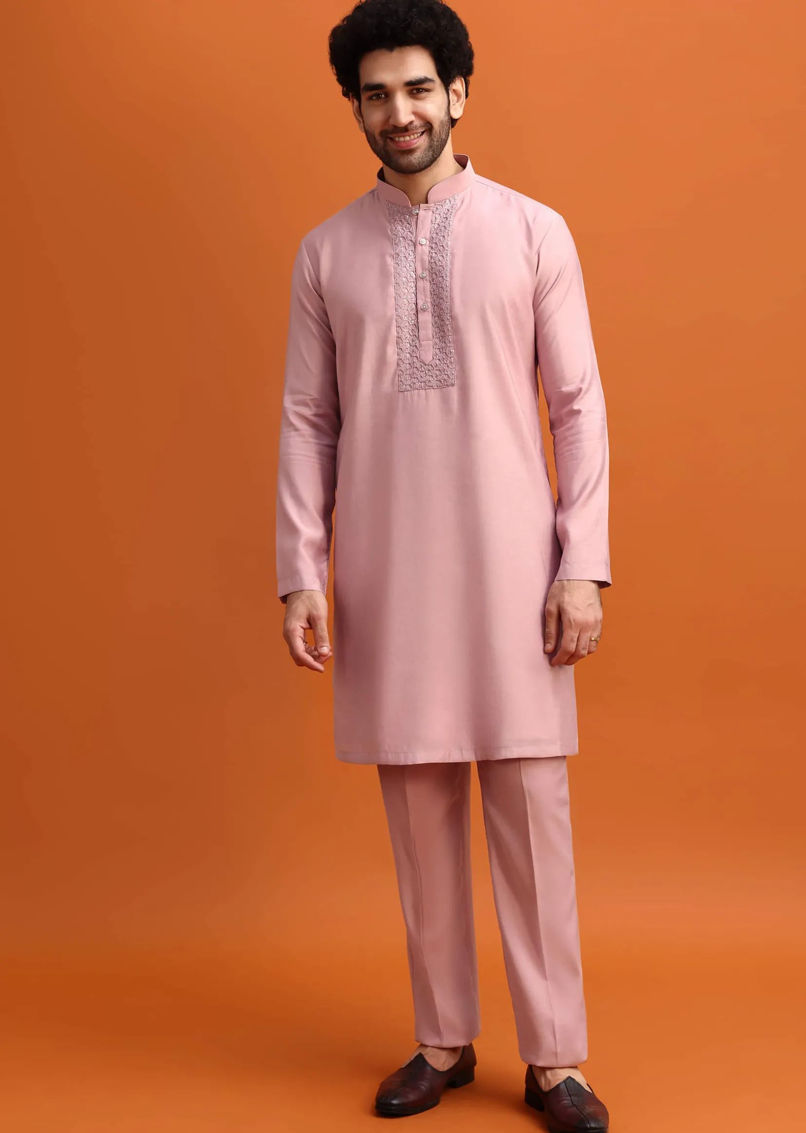Pink Embroidered Silk Jodhpuri Set For Men