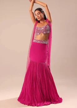 Pink Fishcut Skirt With Hand Embroidered Blouse And Jacket