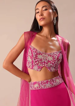 Pink Fishcut Skirt With Hand Embroidered Blouse And Jacket