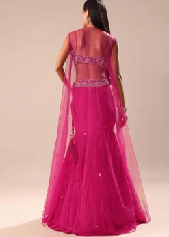 Pink Fishcut Skirt With Hand Embroidered Blouse And Jacket