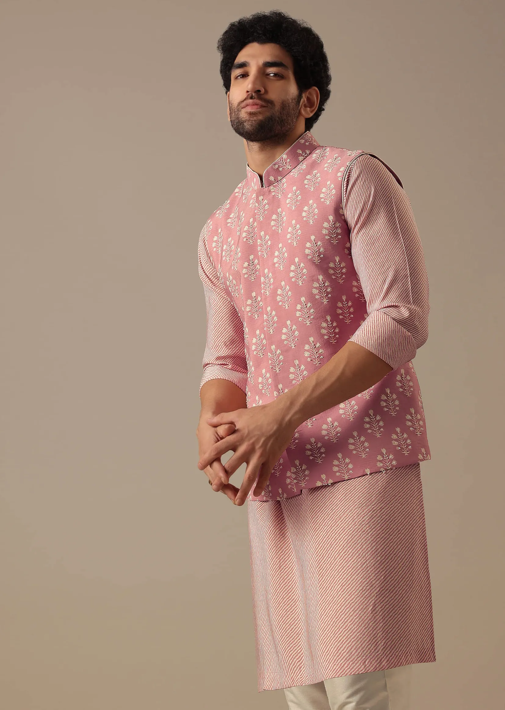 Pink Floral Bundi & Striped Kurta Set