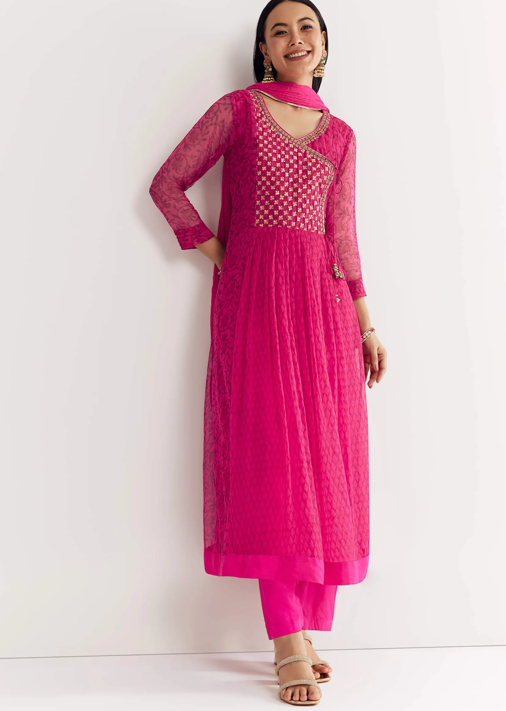 Pink Floral Chiffon Anarkali Kurta Set With Dupatta