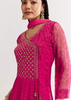 Pink Floral Chiffon Anarkali Kurta Set With Dupatta