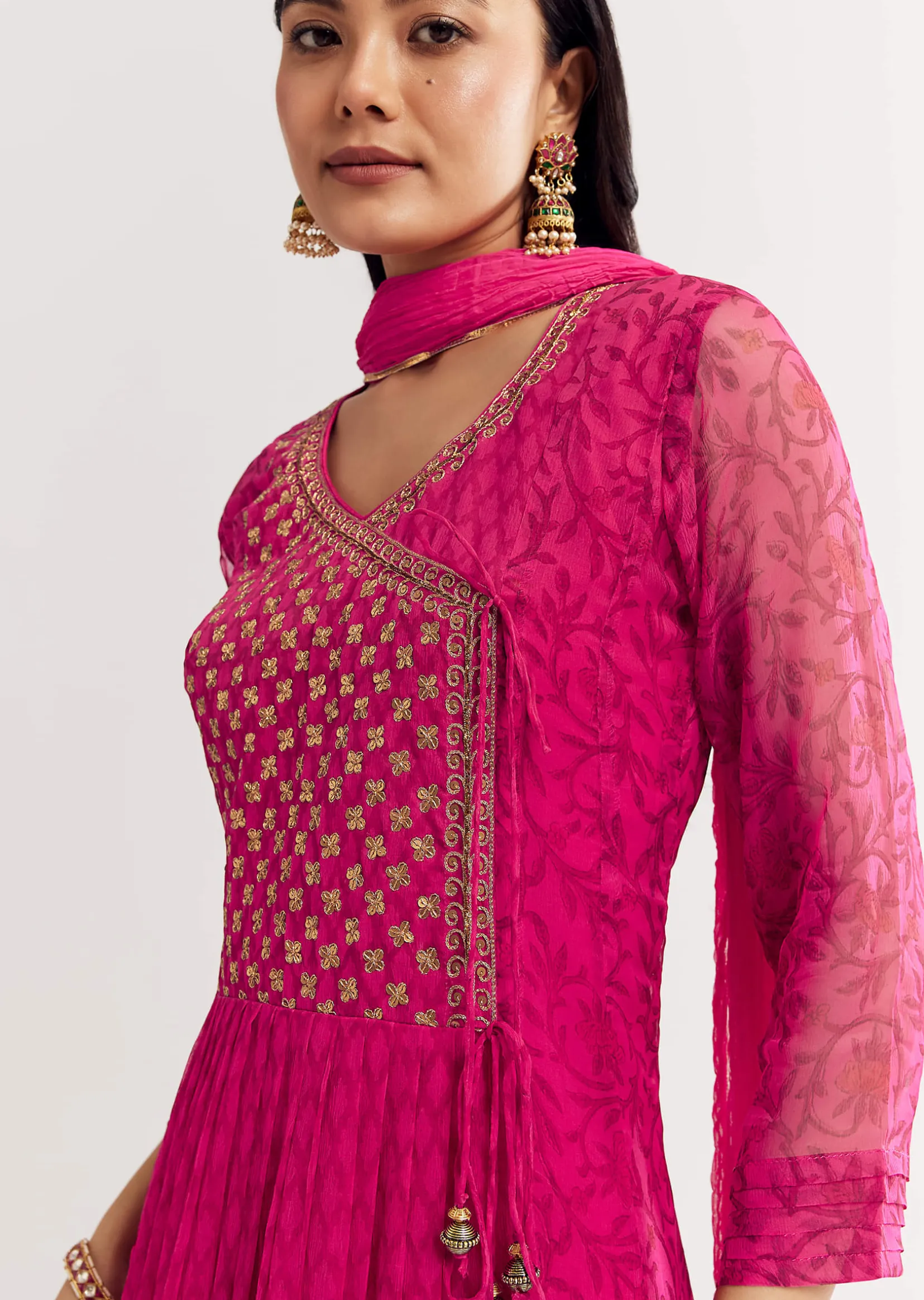 Pink Floral Chiffon Anarkali Kurta Set With Dupatta