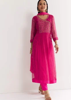 Pink Floral Chiffon Anarkali Kurta Set With Dupatta