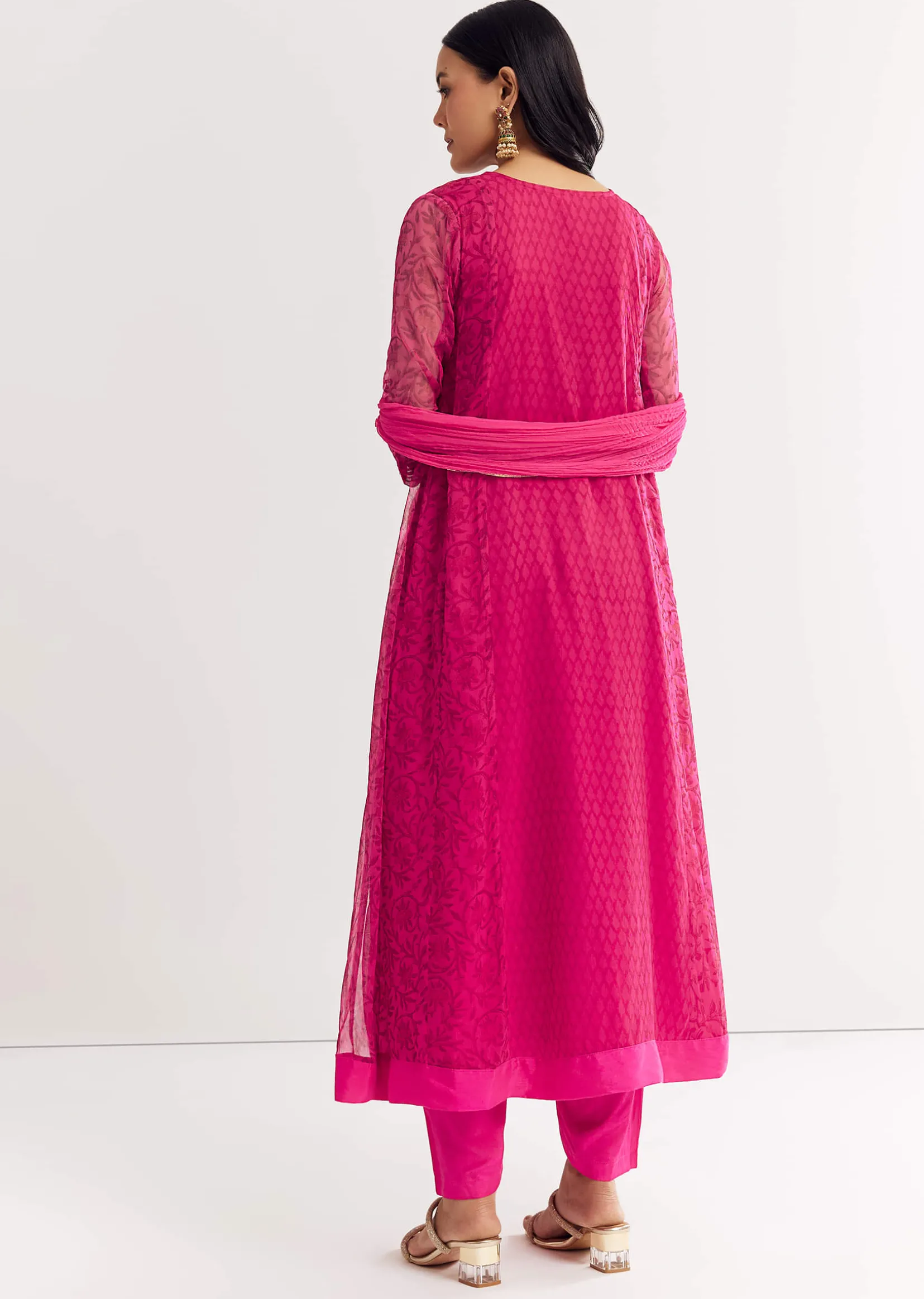 Pink Floral Chiffon Anarkali Kurta Set With Dupatta