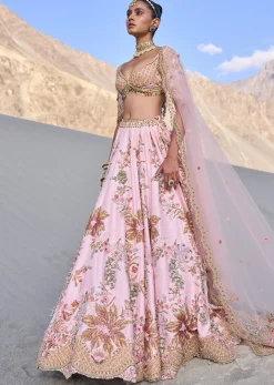 Pink Floral Embroidered Bridal Lehenga With Two Dupattas