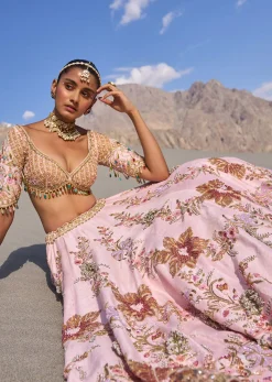 Pink Floral Embroidered Bridal Lehenga With Two Dupattas
