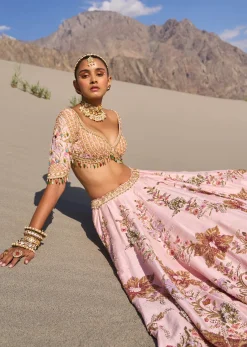Pink Floral Embroidered Bridal Lehenga With Two Dupattas