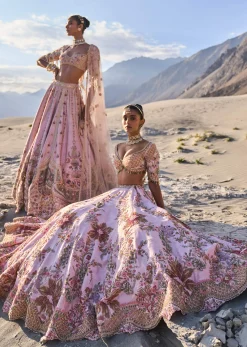Pink Floral Embroidered Bridal Lehenga With Two Dupattas