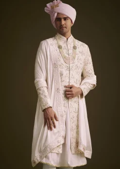 Pink Floral Embroidered Sherwani With Pearl Detailing