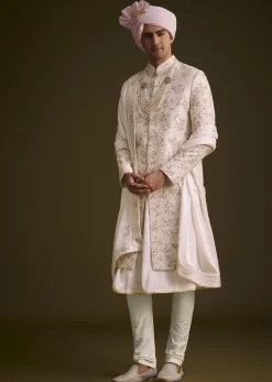 Pink Floral Embroidered Sherwani With Pearl Detailing