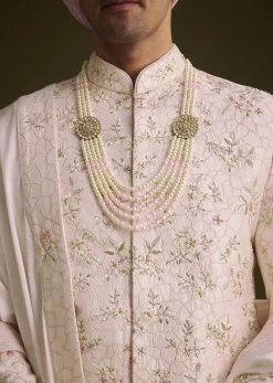 Pink Floral Embroidered Sherwani With Pearl Detailing