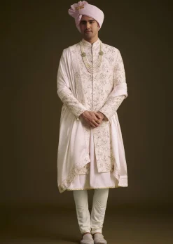 Pink Floral Embroidered Sherwani With Pearl Detailing