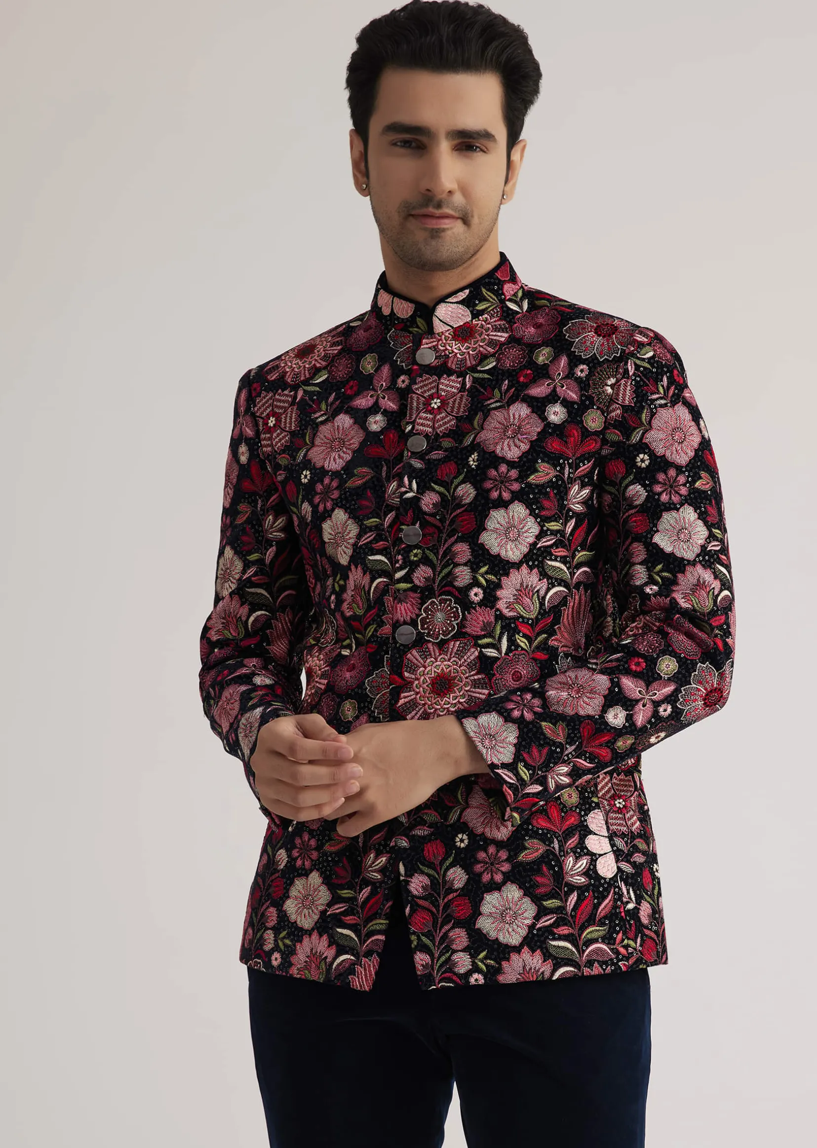 Pink Floral Embroidered Velvet Jodhpuri Suit