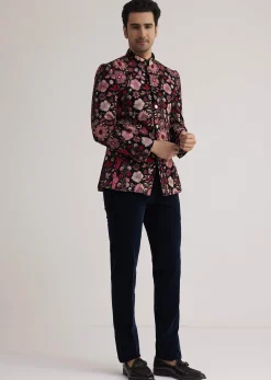 Pink Floral Embroidered Velvet Jodhpuri Suit