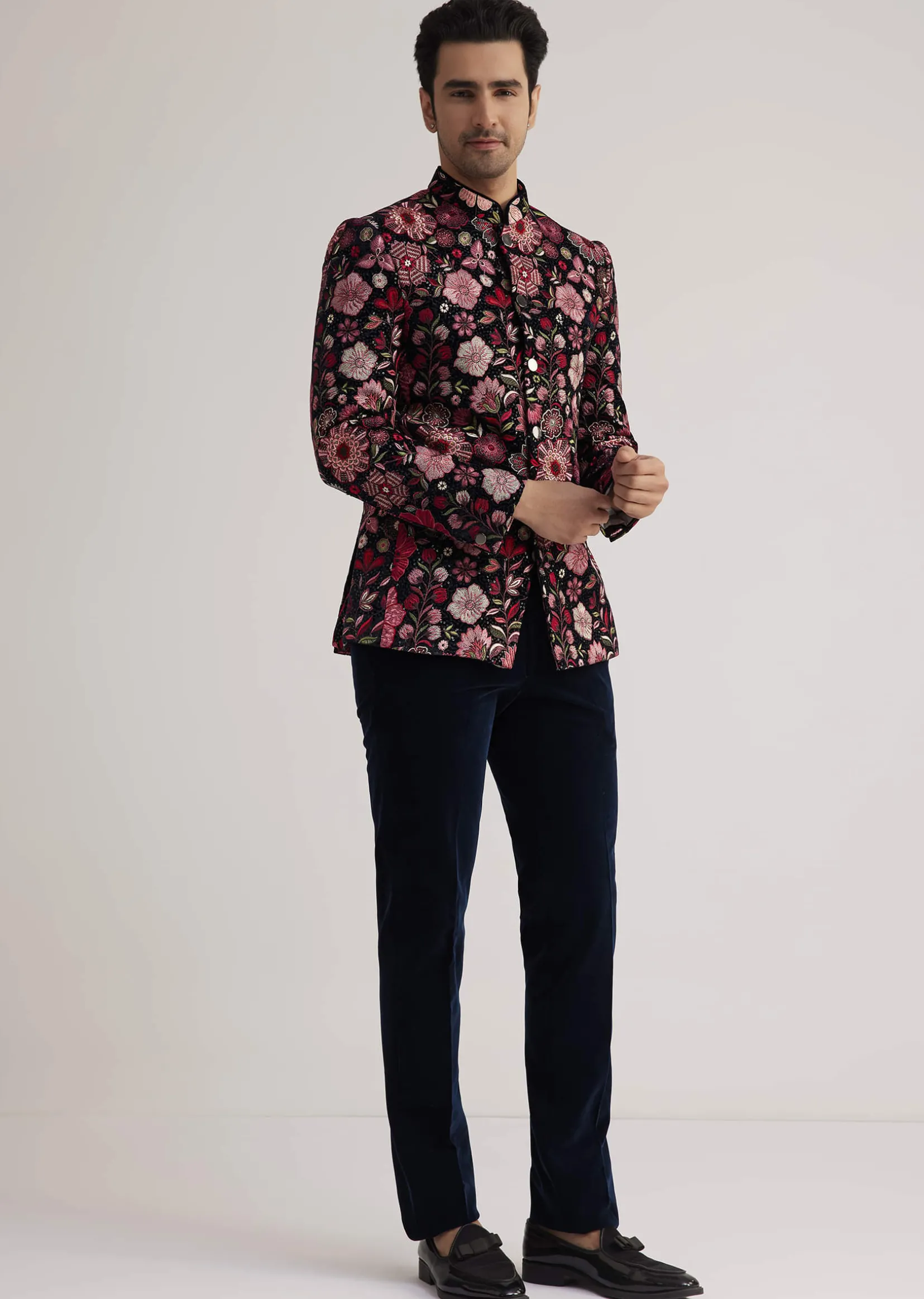 Pink Floral Embroidered Velvet Jodhpuri Suit