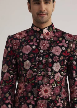 Pink Floral Embroidered Velvet Jodhpuri Suit
