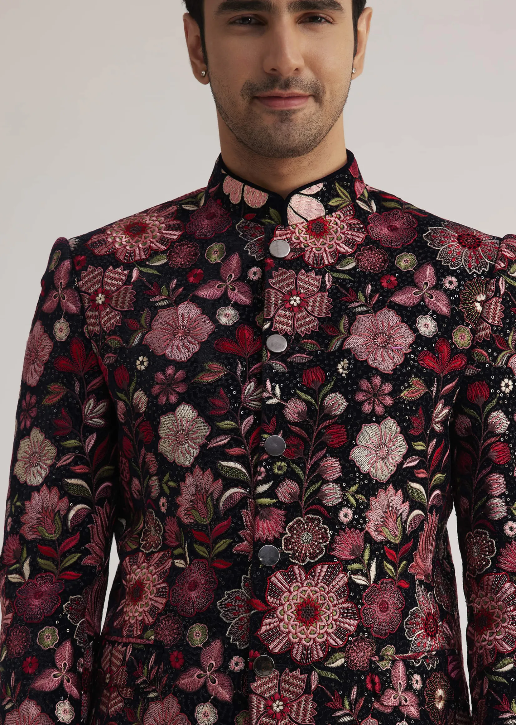 Pink Floral Embroidered Velvet Jodhpuri Suit