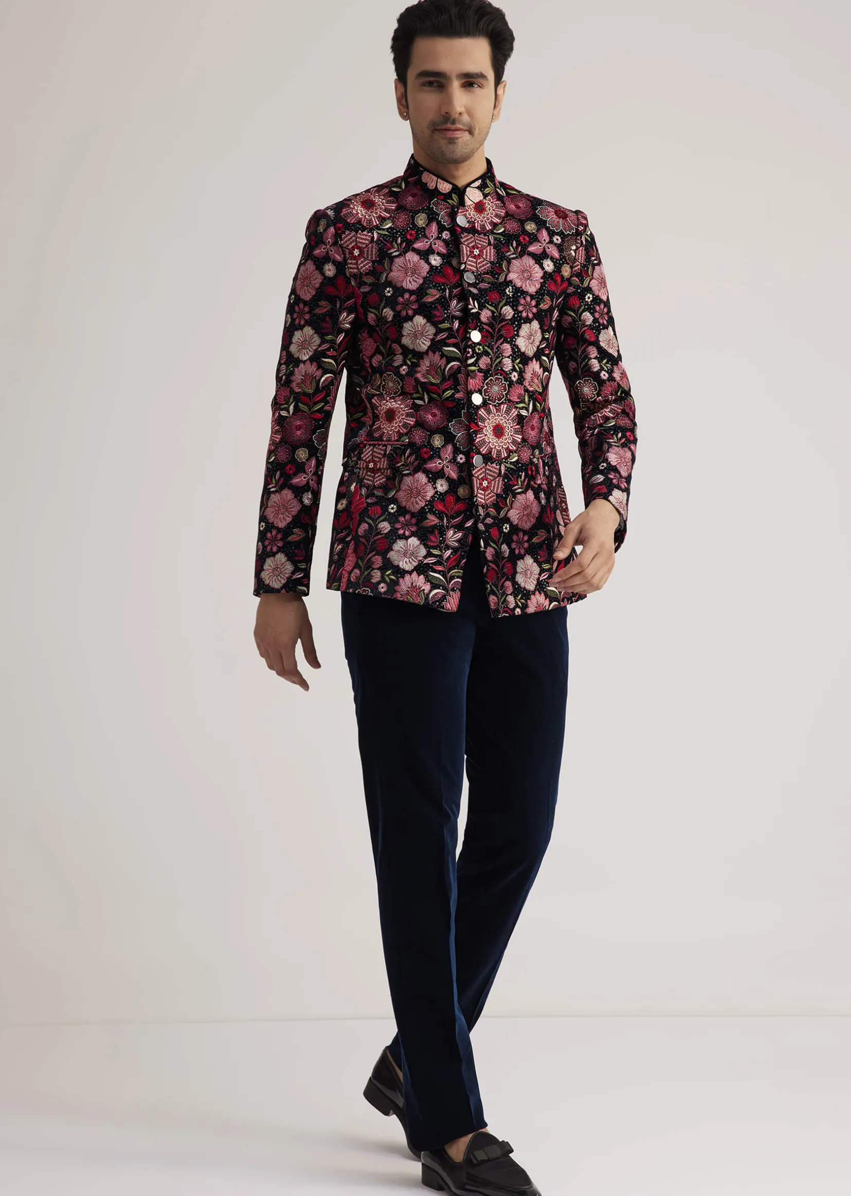 Pink Floral Embroidered Velvet Jodhpuri Suit