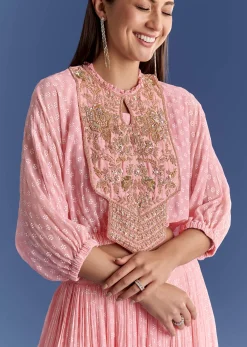 Pink Floral Georgette Lehenga Set With Zardosi Croptop
