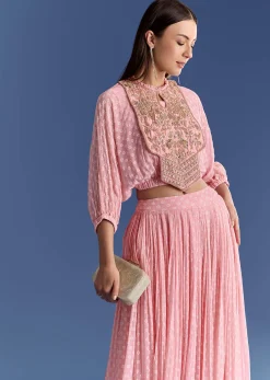 Pink Floral Georgette Lehenga Set With Zardosi Croptop