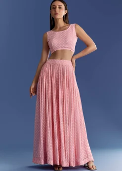 Pink Floral Georgette Lehenga Set With Zardosi Croptop
