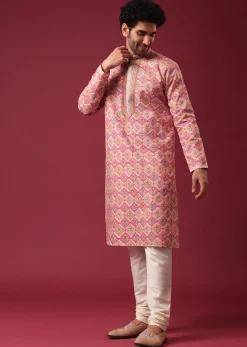 Pink Floral Print Kurta Set in Silk