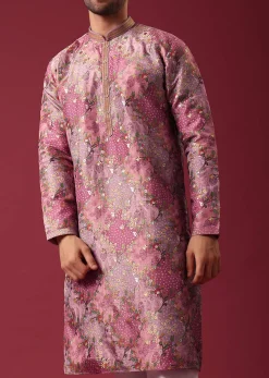 Pink Foil Print Kurta Set In Silk