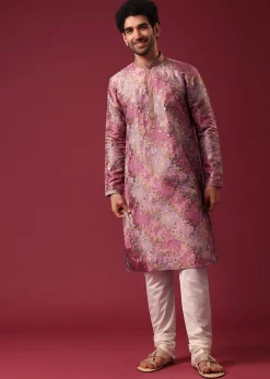 Pink Foil Print Kurta Set In Silk