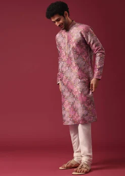 Pink Foil Print Kurta Set In Silk