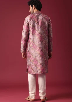 Pink Foil Print Kurta Set In Silk
