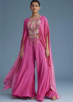 Pink Georgette Crepe Palazzo Set With Tassel Detail Croptop
