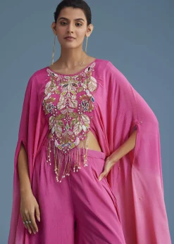 Pink Georgette Crepe Palazzo Set With Tassel Detail Croptop