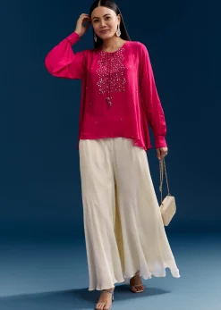 Pink Georgette Crop Top With Mirror Work