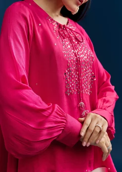 Pink Georgette Crop Top With Mirror Work