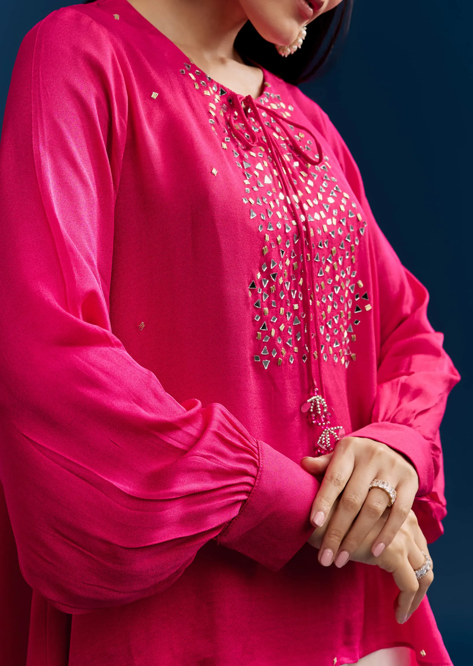 Pink Georgette Crop Top With Mirror Work