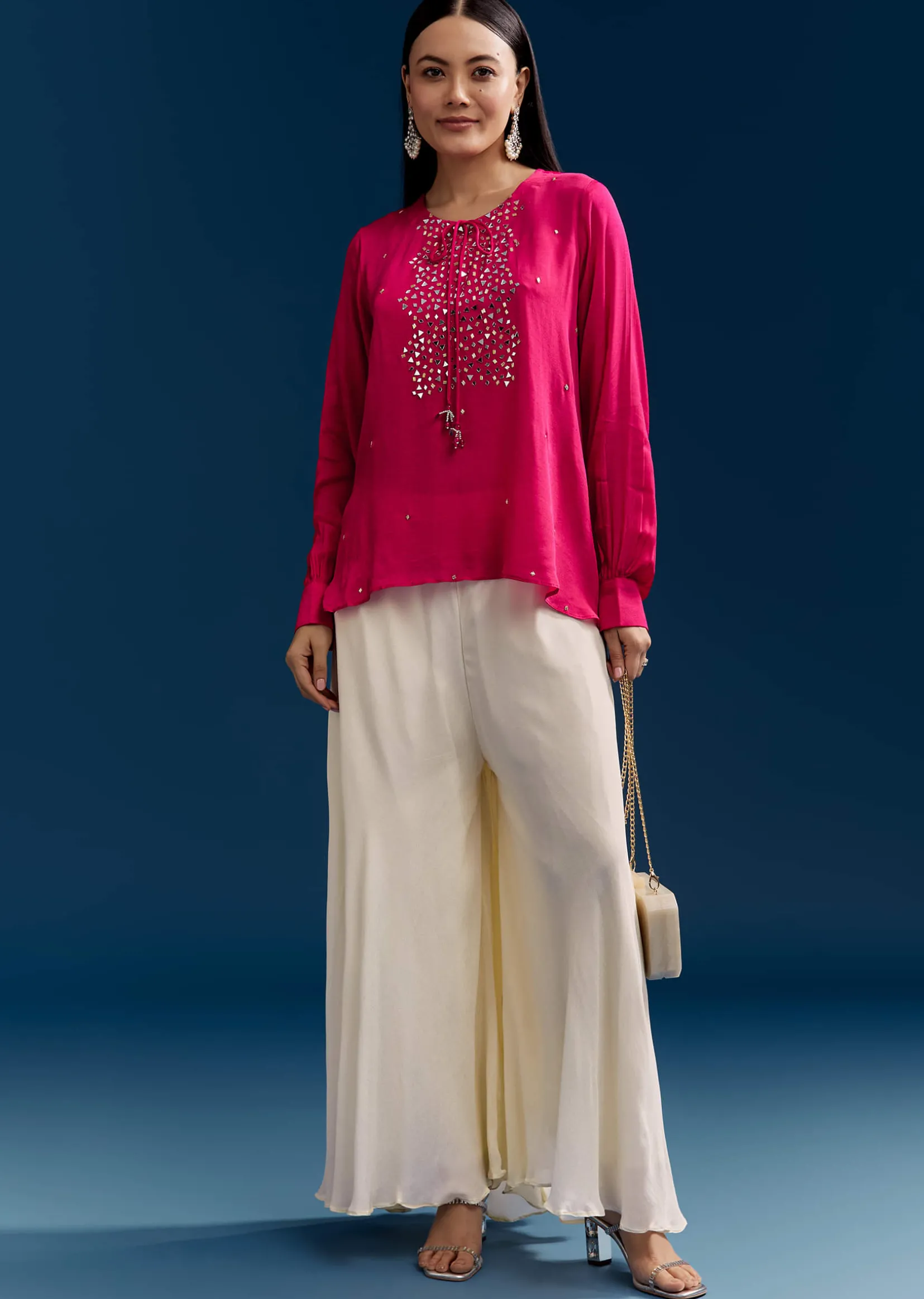 Pink Georgette Crop Top With Mirror Work