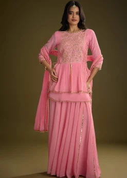 Pink Georgette Gotta Lace Kurta Set With Cut Dana and Sequins Detailing