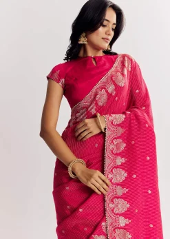Pink Georgette Lurex Saree With Brocade Butti And Gota Patti Border