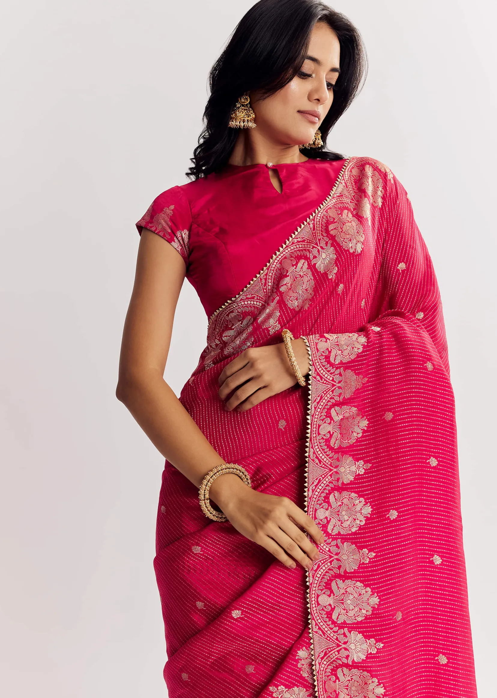 Pink Georgette Lurex Saree With Brocade Butti And Gota Patti Border