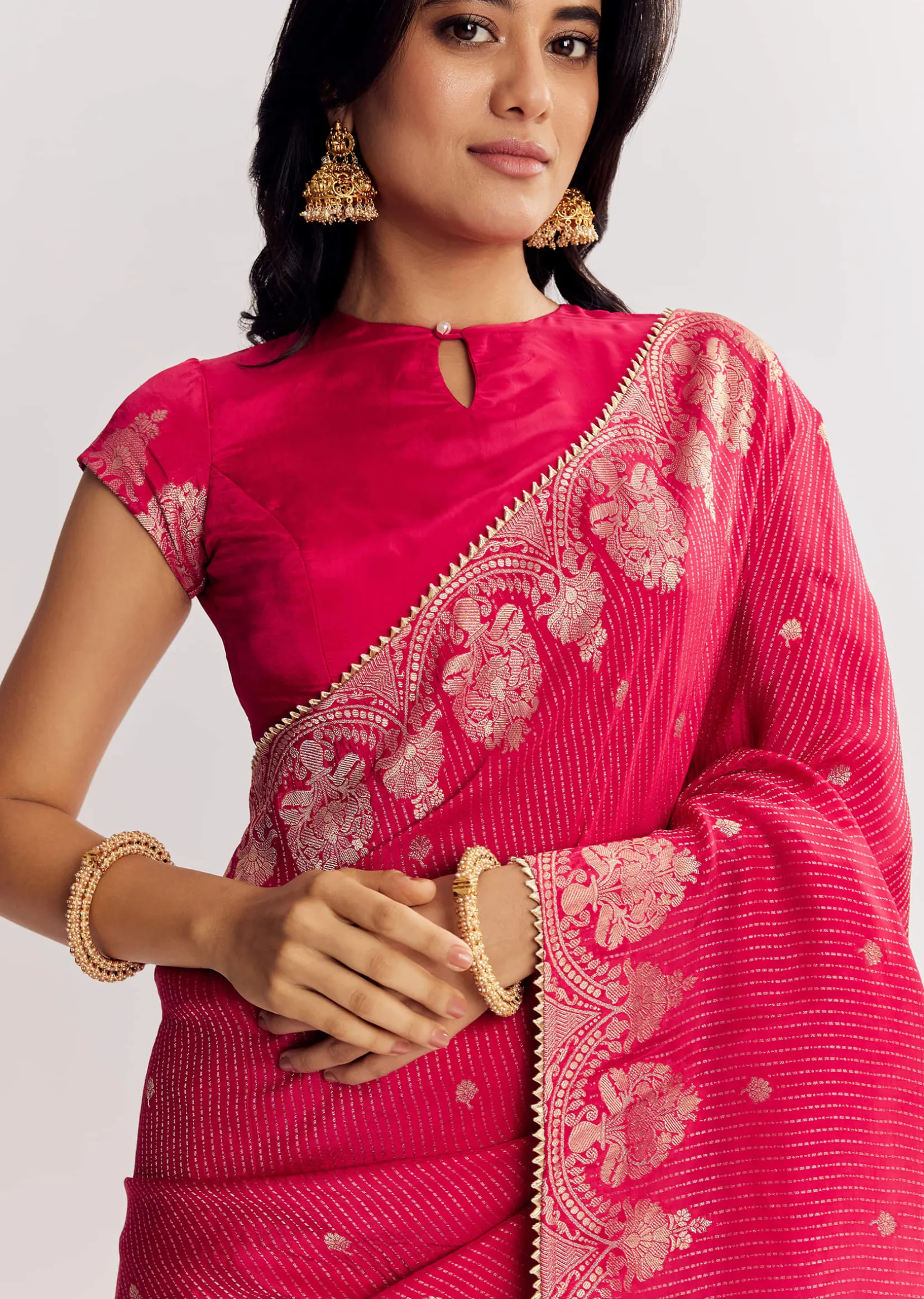 Pink Georgette Lurex Saree With Brocade Butti And Gota Patti Border