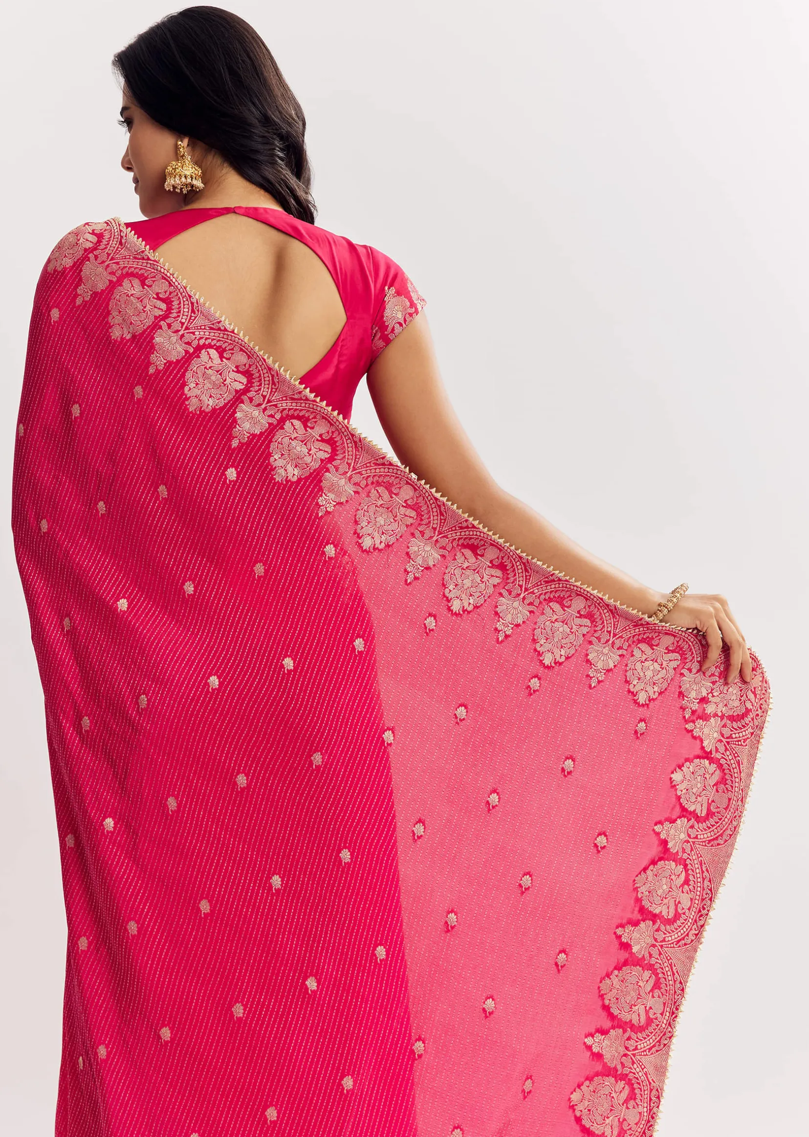 Pink Georgette Lurex Saree With Brocade Butti And Gota Patti Border