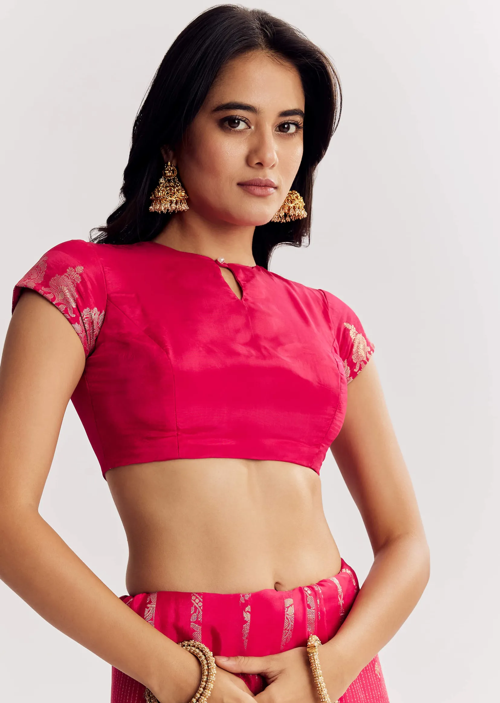 Pink Georgette Lurex Saree With Brocade Butti And Gota Patti Border