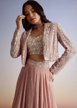 Pink Georgette Moti Resham Work Lehenga Jacket Set