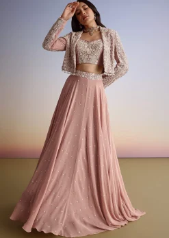 Pink Georgette Moti Resham Work Lehenga Jacket Set