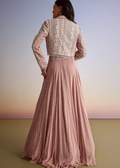 Pink Georgette Moti Resham Work Lehenga Jacket Set
