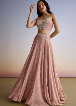 Pink Georgette Moti Resham Work Lehenga Jacket Set
