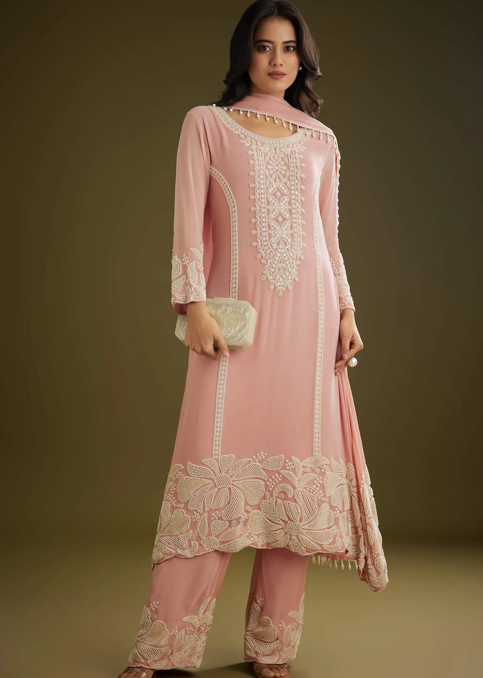 Pink Georgette Moti Work Asymmetrical Kurta Set With Tassels Bordered Dupatta